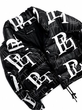 Black & White Puffer Jacket with Logo Print